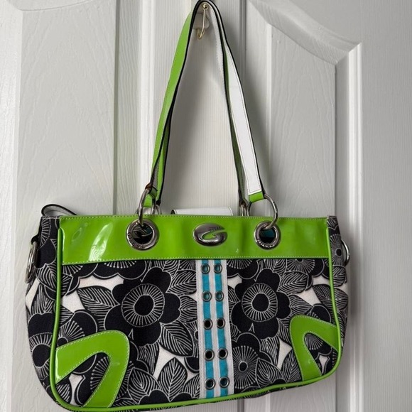 2006 Guess Structured Flap Shoulder Bag Silver Hardware Monogram - Picture 1 of 6